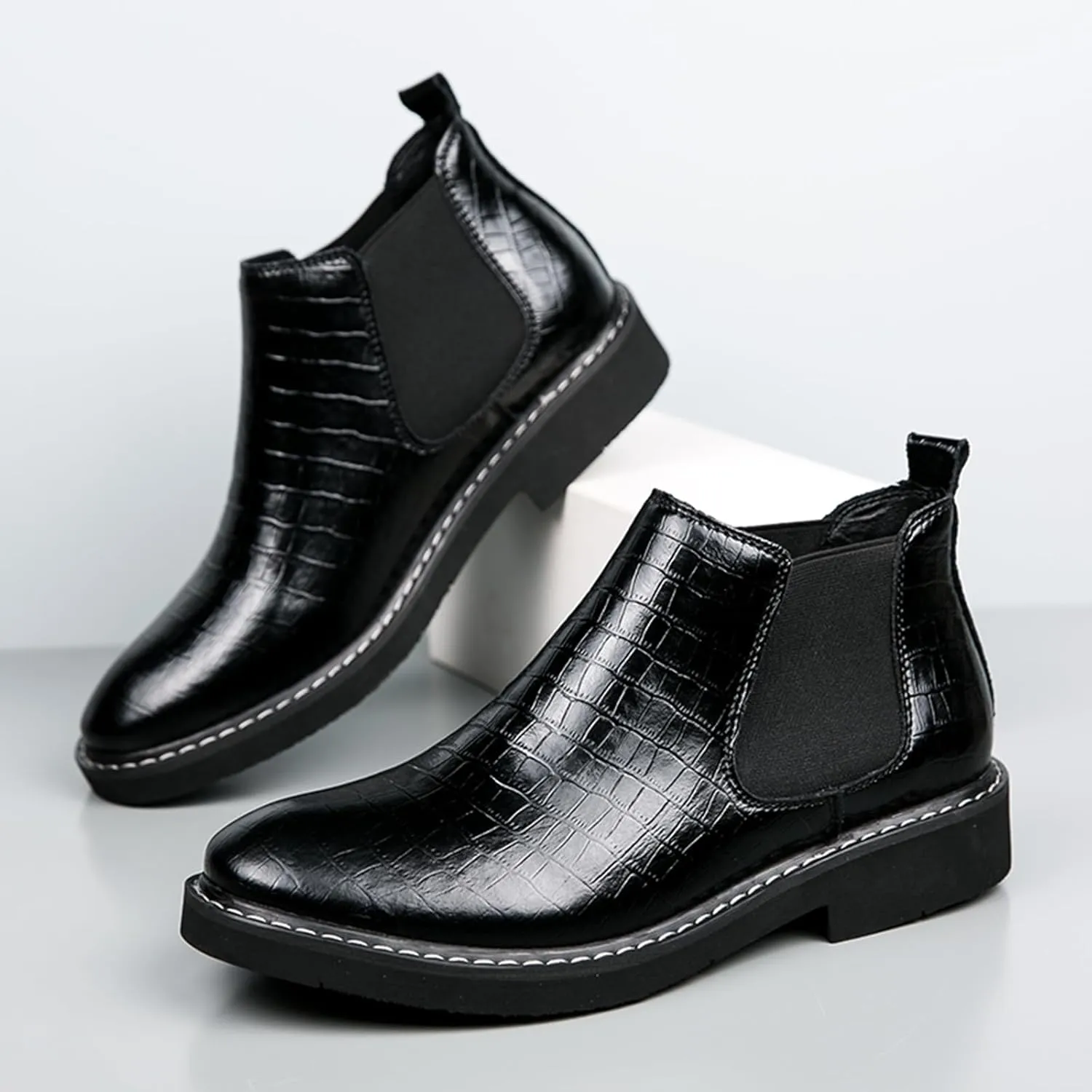Men's Snake Pattern Internal Height Increase Chelsea Boots Fashion Genuine Leather Pointed-Toe High Top Pull On Dress Ankle Boots Casual Business Formal Oxford Booties
