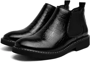 Men's Snake Pattern Internal Height Increase Chelsea Boots Fashion Genuine Leather Pointed-Toe High Top Pull On Dress Ankle Boots Casual Business Formal Oxford Booties