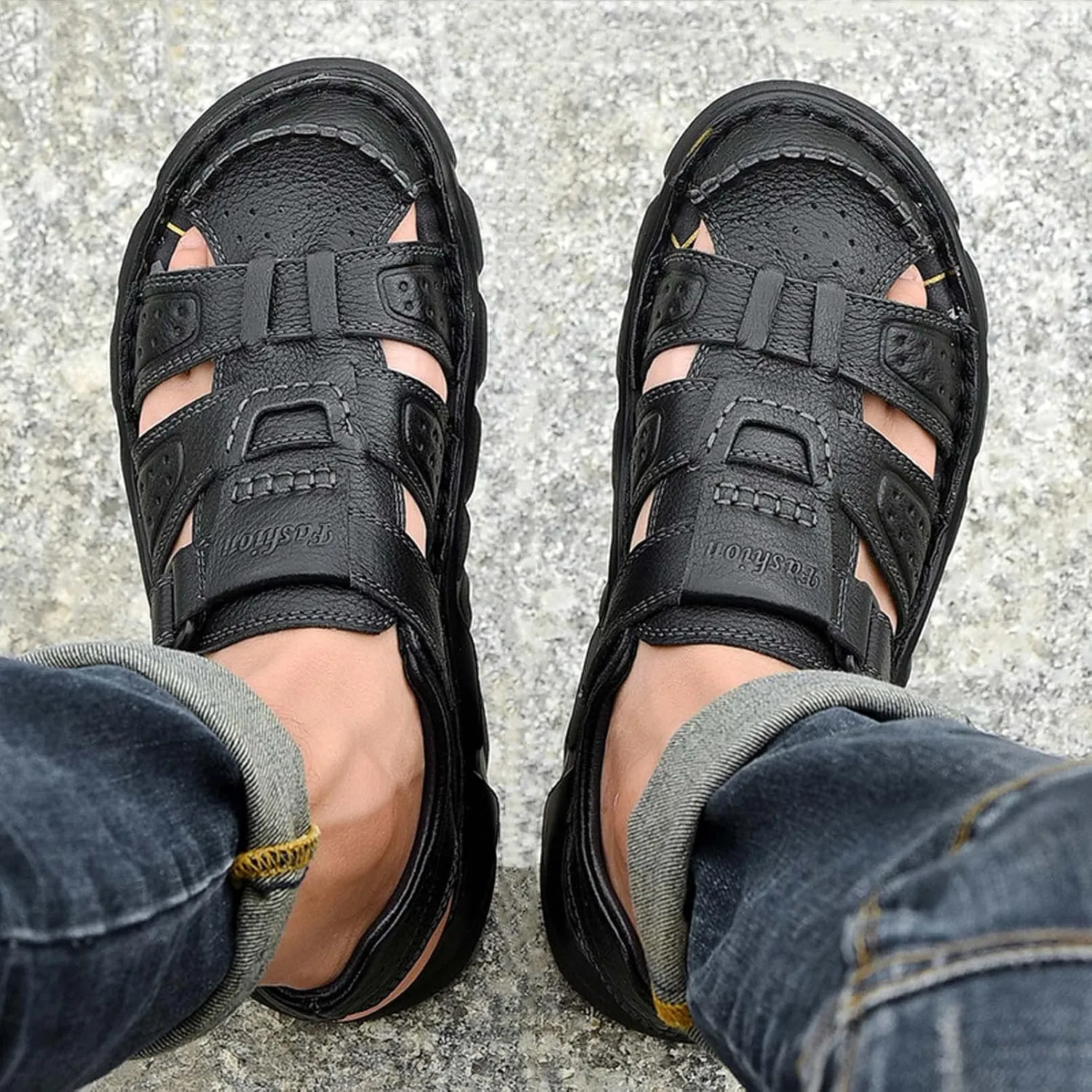 Men's Sport Sandals Closed Toe Outdoor Handmade Leather Sandal Adjustable Summer Fisherman Beach Shoes