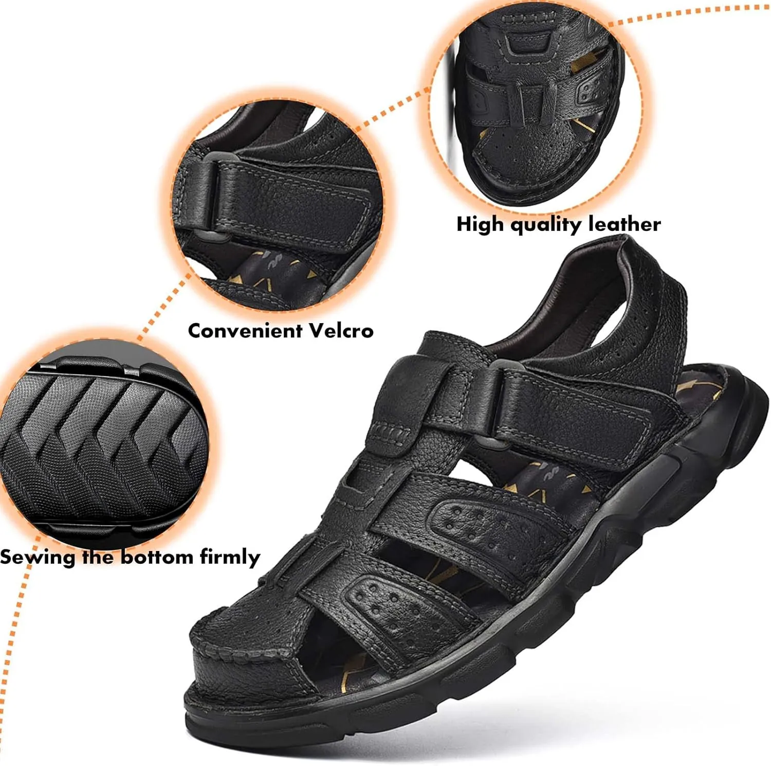 Men's Sport Sandals Closed Toe Outdoor Handmade Leather Sandal Adjustable Summer Fisherman Beach Shoes