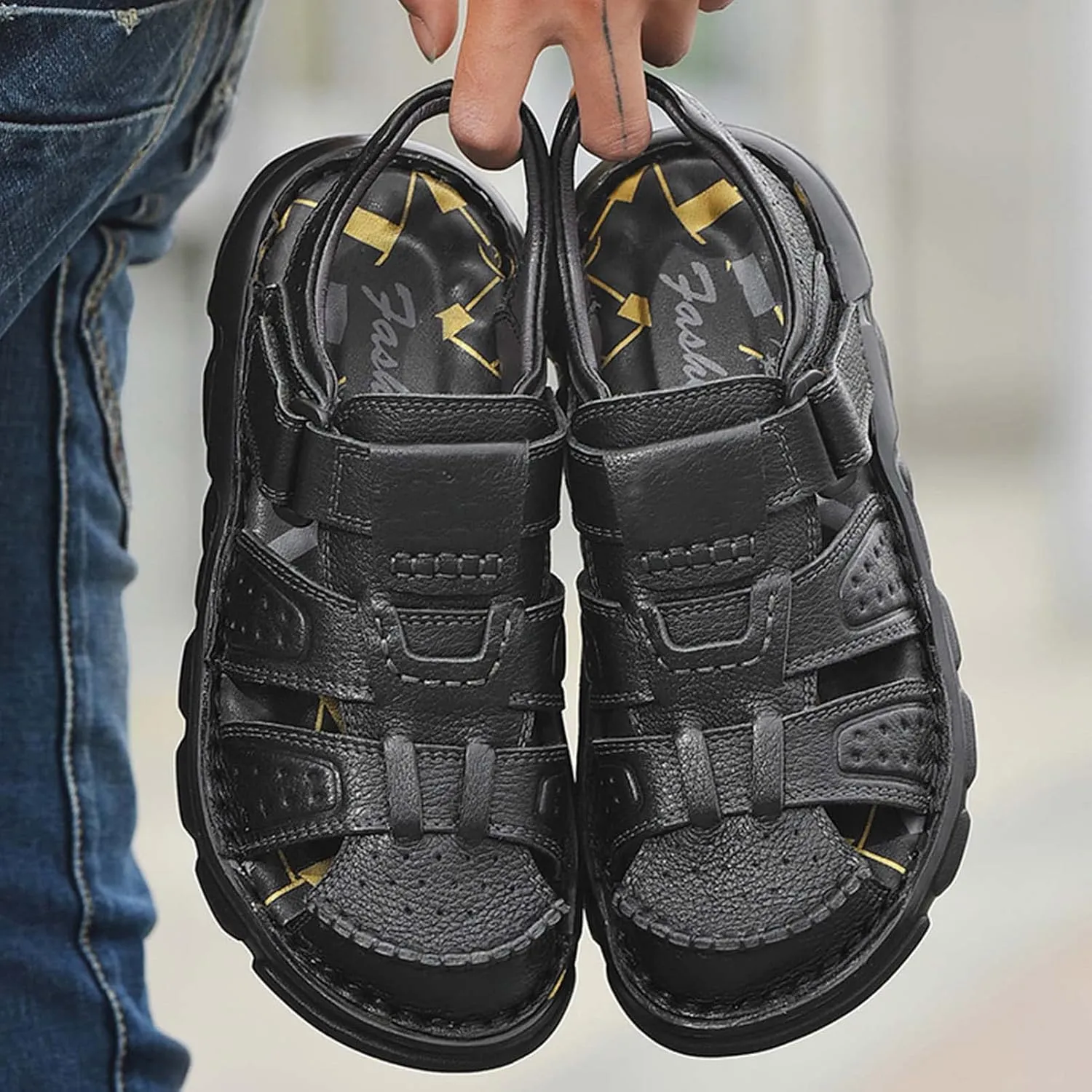 Men's Sport Sandals Closed Toe Outdoor Handmade Leather Sandal Adjustable Summer Fisherman Beach Shoes