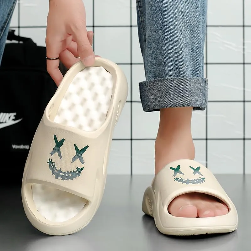 Men's Trendy Pillow Slides, Soft Sole Lightweight Home Shower Slides, Non-slip Beach Slides, Comfort Slippers, Massage, EVA Sandals