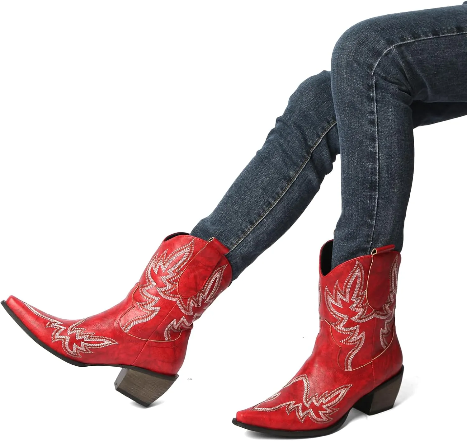 MEOTINA Black Ankle Boots for Women Short Cowboy Boot Wide Calf Cowgirl Booties Square Toe Ankle Western Bootie Concert Shoes