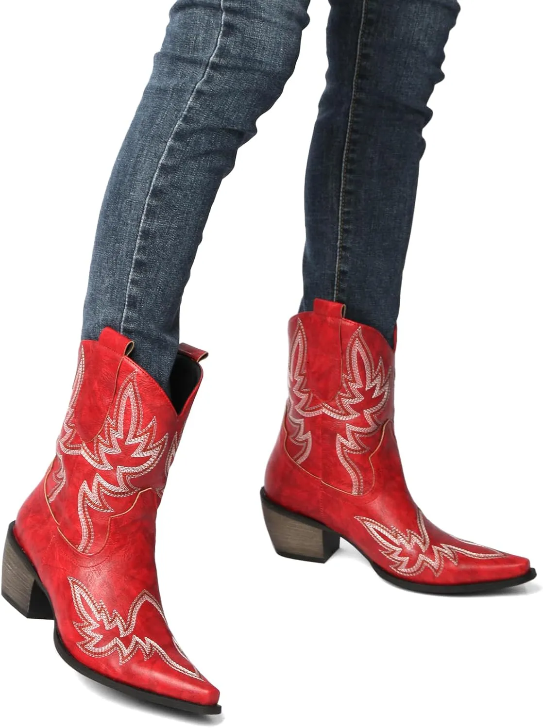 MEOTINA Black Ankle Boots for Women Short Cowboy Boot Wide Calf Cowgirl Booties Square Toe Ankle Western Bootie Concert Shoes