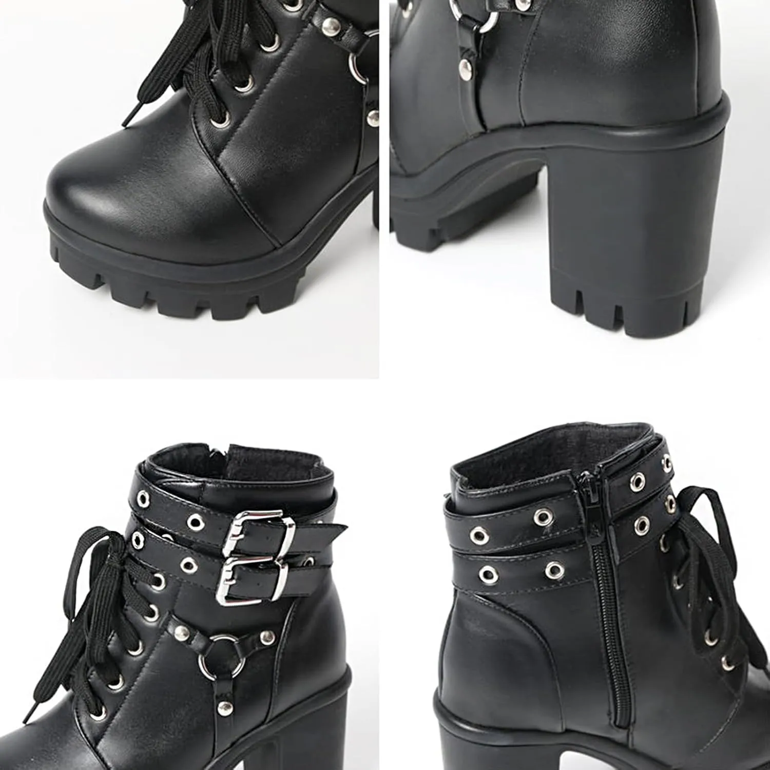 MEOTINA Goth Platform Black Boots for Women Dressy Chunky Combat Boot Buckle Gothic Booites Zipper Rivets Rave Shoes