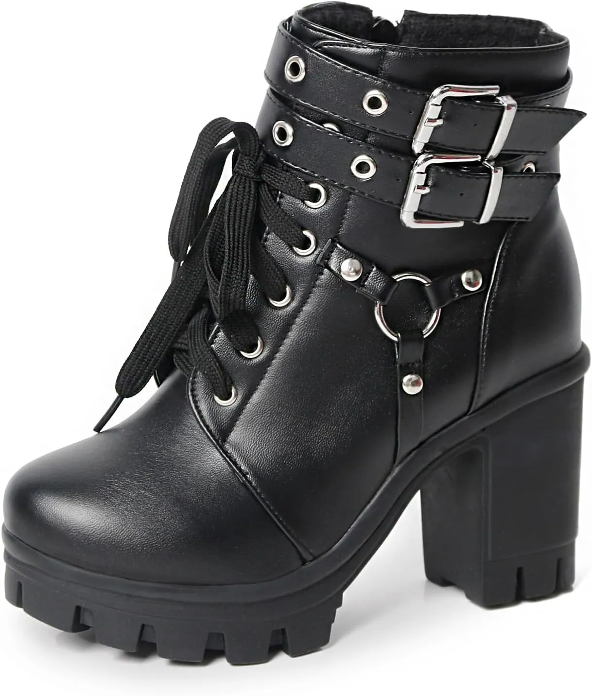 MEOTINA Goth Platform Black Boots for Women Dressy Chunky Combat Boot Buckle Gothic Booites Zipper Rivets Rave Shoes