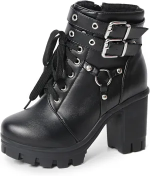 MEOTINA Goth Platform Black Boots for Women Dressy Chunky Combat Boot Buckle Gothic Booites Zipper Rivets Rave Shoes