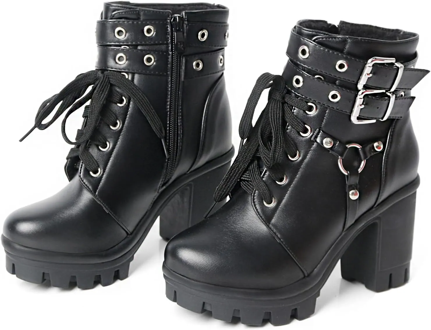 MEOTINA Goth Platform Black Boots for Women Dressy Chunky Combat Boot Buckle Gothic Booites Zipper Rivets Rave Shoes