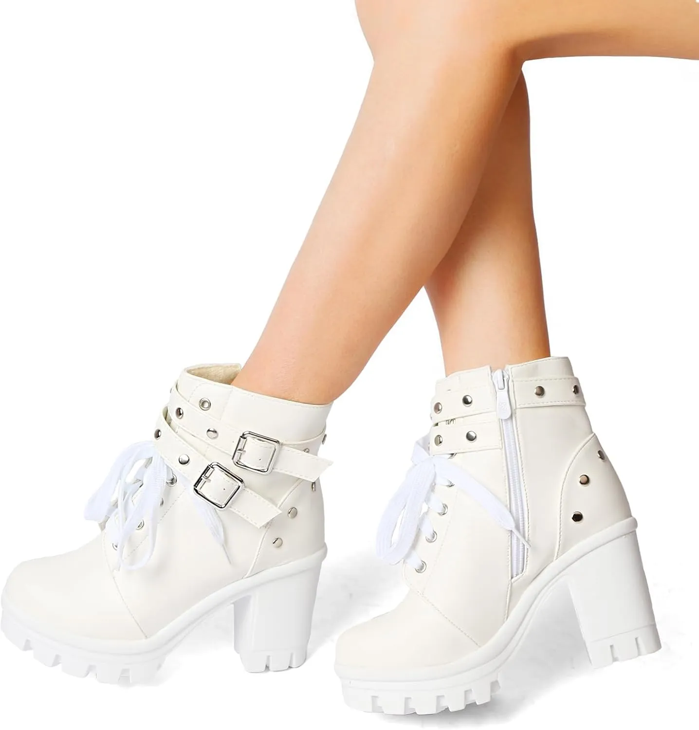 MEOTINA Goth Platform Boots Lace Buckle Gothic Cosplay Booties Chunky High Heels Ankle Boots Zipper Punk Shoes