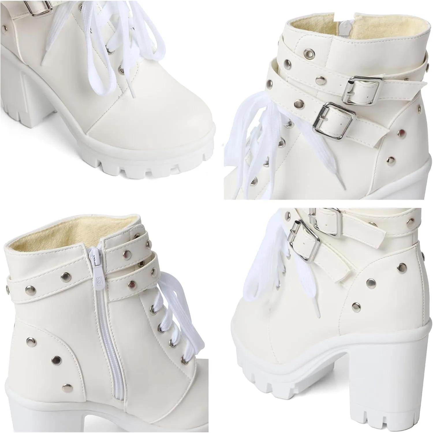 MEOTINA Goth Platform Boots Lace Buckle Gothic Cosplay Booties Chunky High Heels Ankle Boots Zipper Punk Shoes
