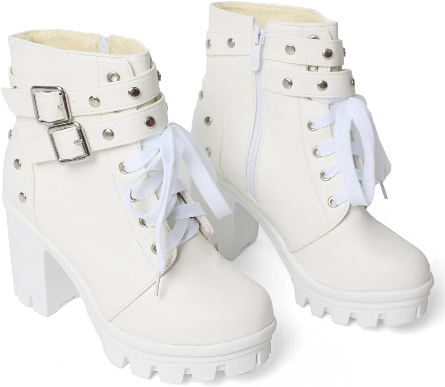MEOTINA Goth Platform Boots Lace Buckle Gothic Cosplay Booties Chunky High Heels Ankle Boots Zipper Punk Shoes