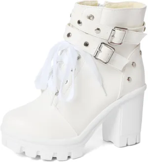 MEOTINA Goth Platform Boots Lace Buckle Gothic Cosplay Booties Chunky High Heels Ankle Boots Zipper Punk Shoes