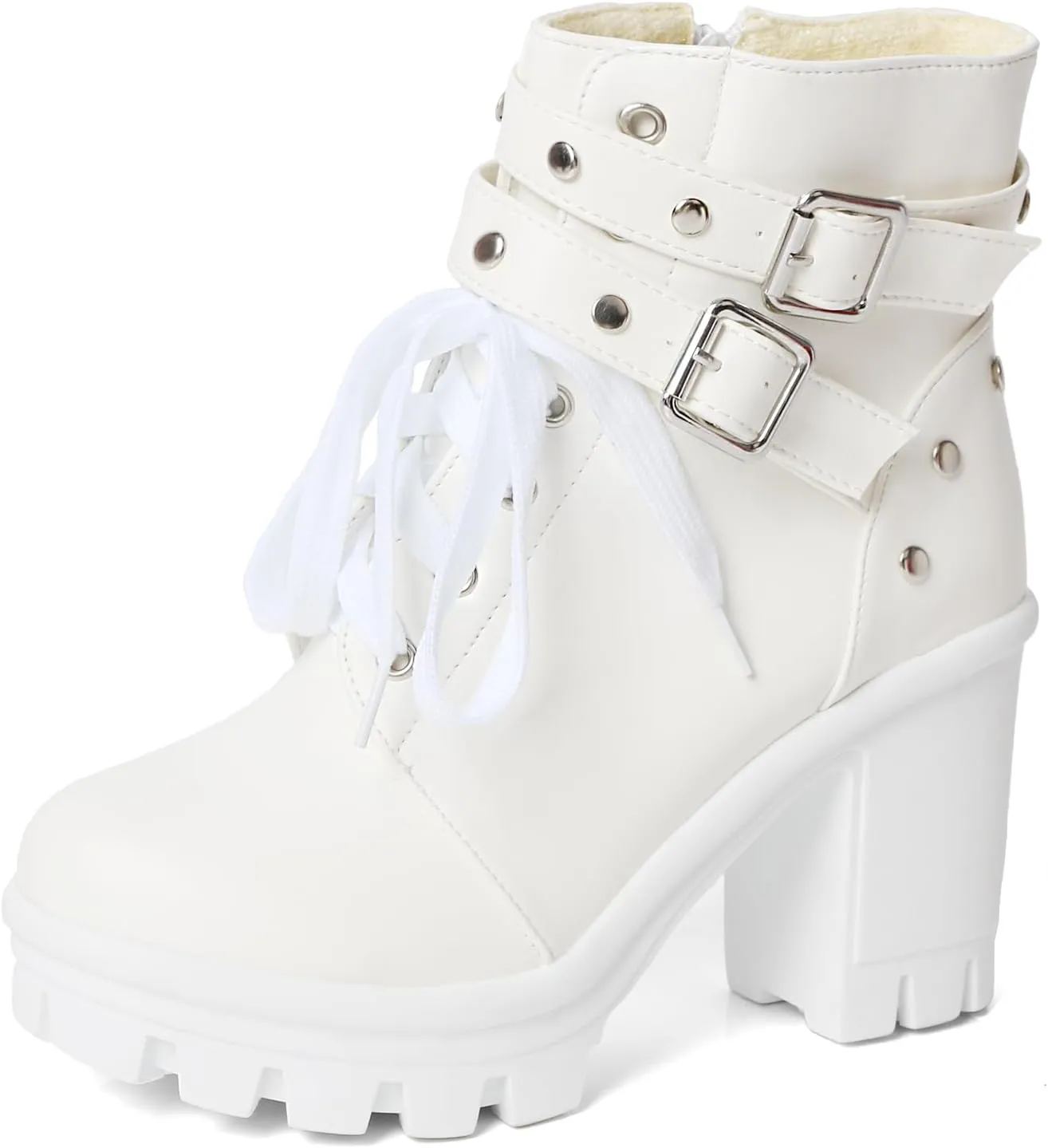 MEOTINA Goth Platform Boots Lace Buckle Gothic Cosplay Booties Chunky High Heels Ankle Boots Zipper Punk Shoes