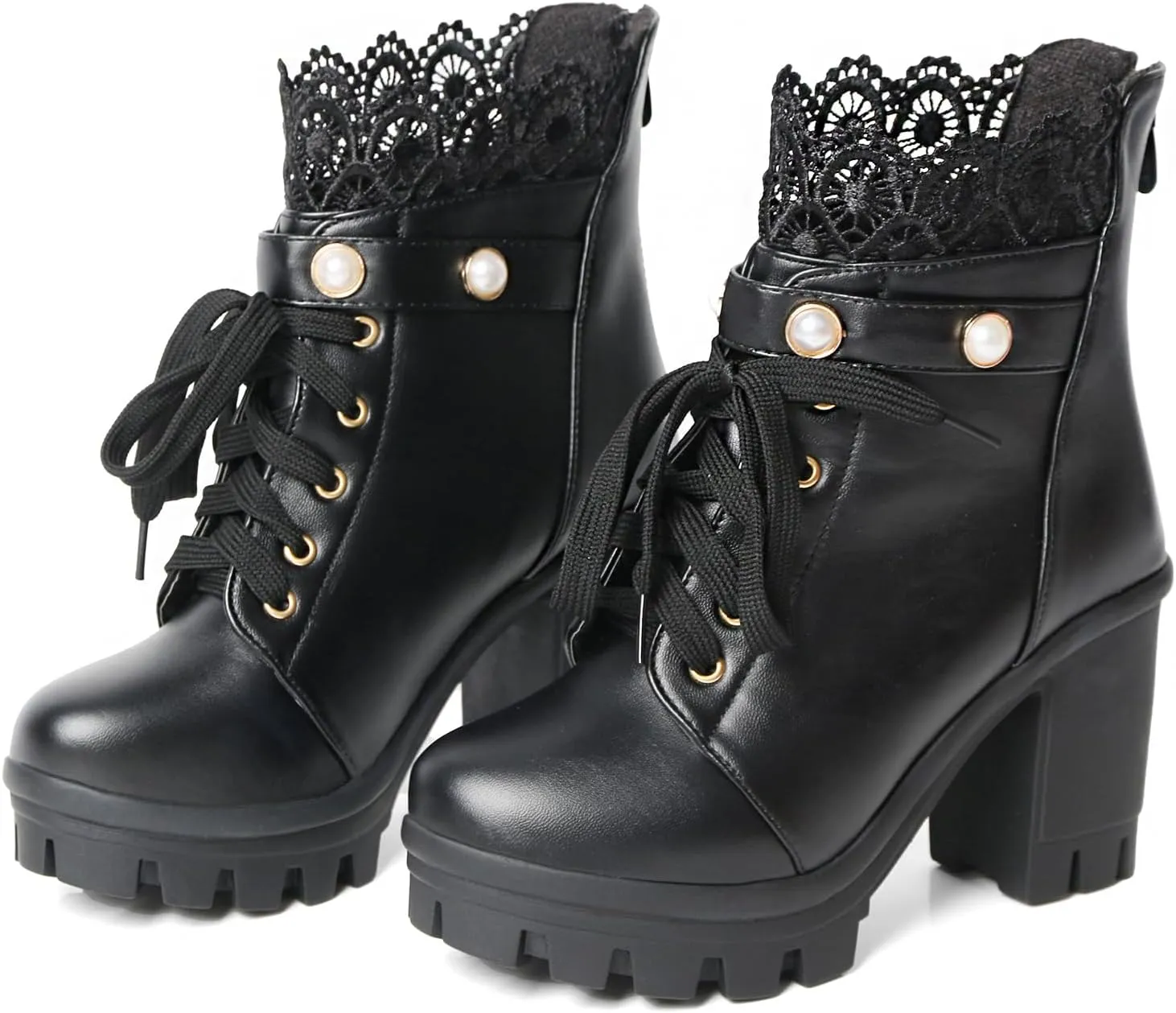 MEOTINA Women Platform Boots Black Chunky Heel Ankle Booties Lace Buckle Combat Boots with Zipper High Heel Goth Shoes