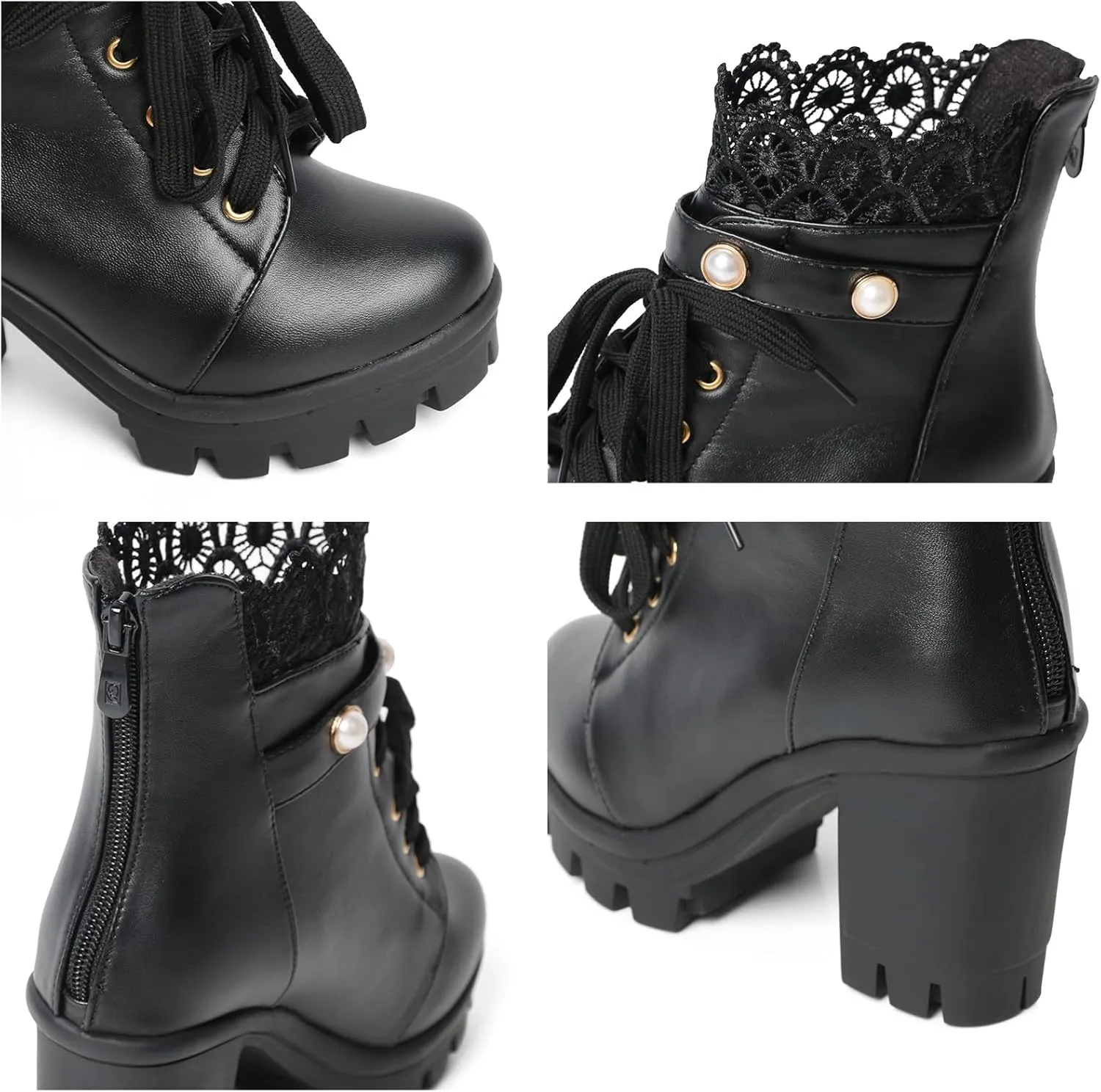 MEOTINA Women Platform Boots Black Chunky Heel Ankle Booties Lace Buckle Combat Boots with Zipper High Heel Goth Shoes