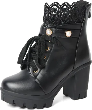 MEOTINA Women Platform Boots Black Chunky Heel Ankle Booties Lace Buckle Combat Boots with Zipper High Heel Goth Shoes
