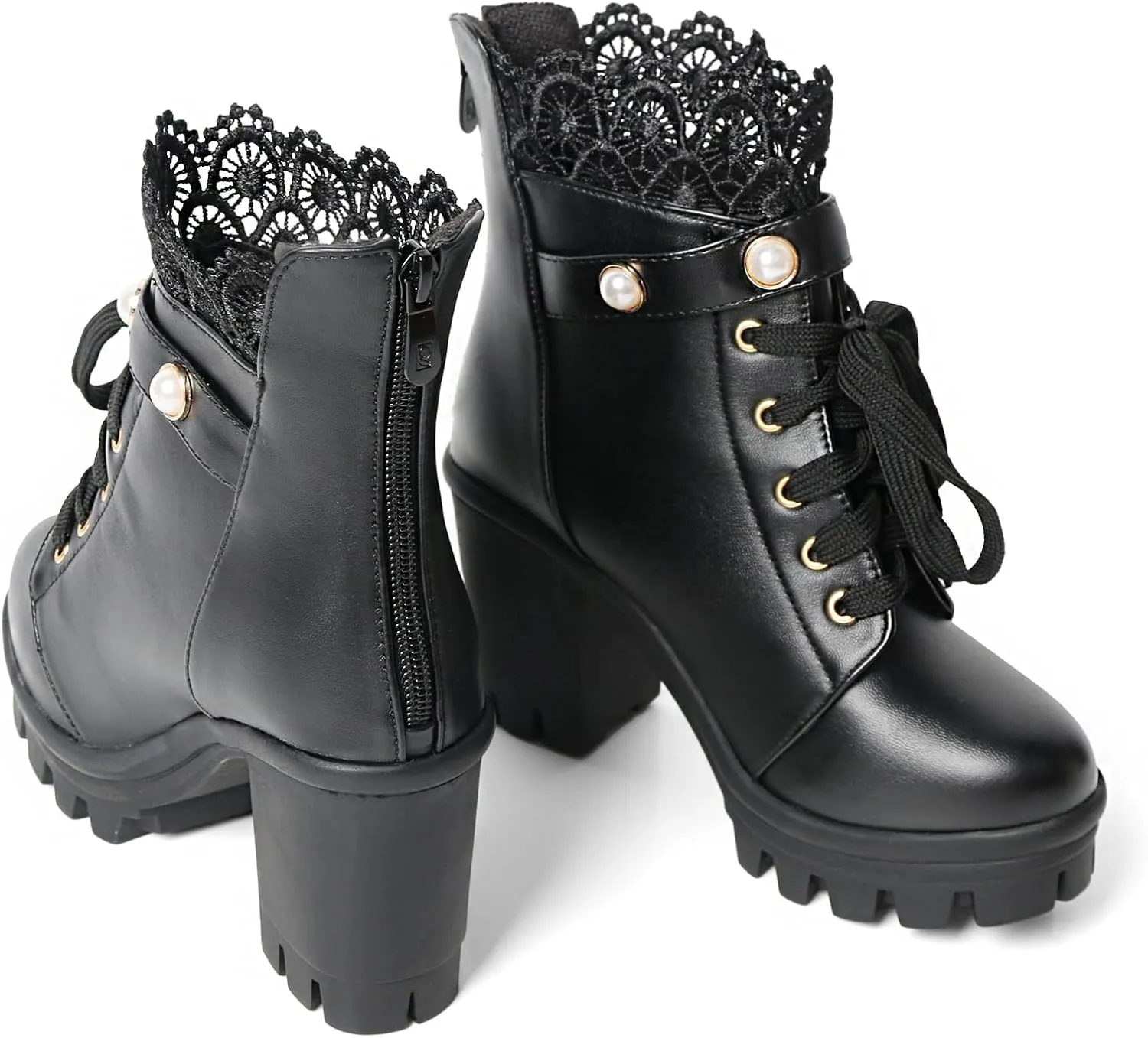 MEOTINA Women Platform Boots Black Chunky Heel Ankle Booties Lace Buckle Combat Boots with Zipper High Heel Goth Shoes