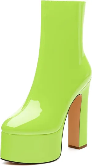 MERRORI Platform Ankle Boots for Women Gogo Boots with Round Toe High Chunky Block Heels Side Zipper Patent Fashion Short Booties