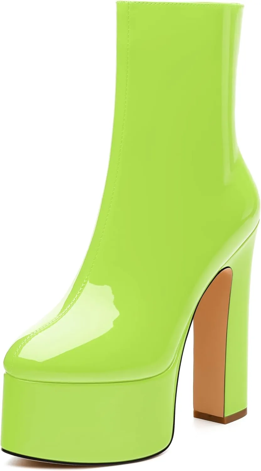 MERRORI Platform Ankle Boots for Women Gogo Boots with Round Toe High Chunky Block Heels Side Zipper Patent Fashion Short Booties