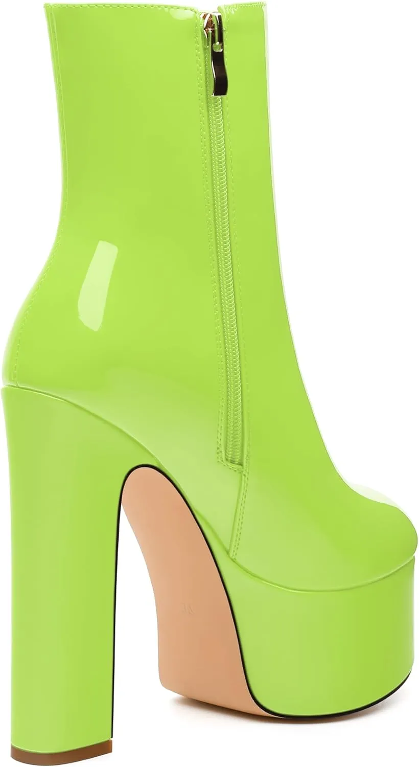 MERRORI Platform Ankle Boots for Women Gogo Boots with Round Toe High Chunky Block Heels Side Zipper Patent Fashion Short Booties