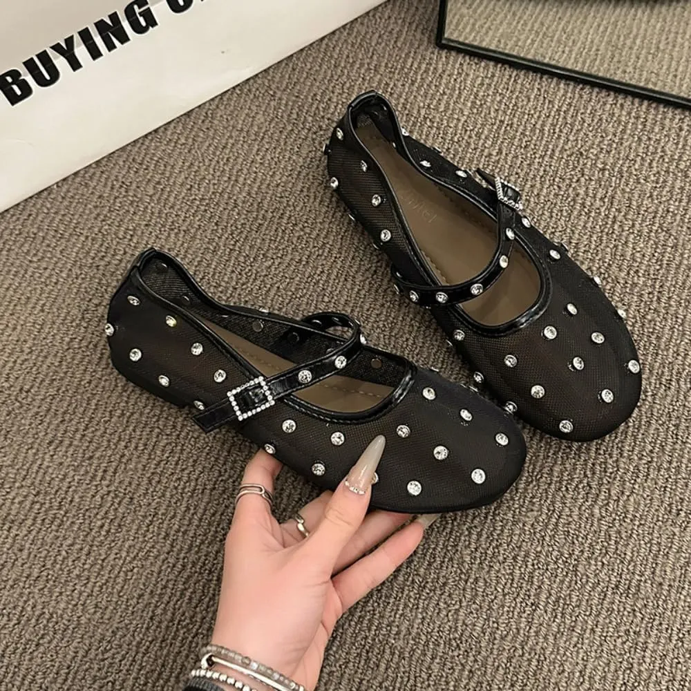 Mesh Mary Jane Flats for Women Rhinestone Mesh Ballet Flats Slip on Ballerina Shoes Clear Hollow Sandals No Slip Low Heel Breathable Fabric Lightweight Buckled Straps Comfort Wear Pumps Party Vacation