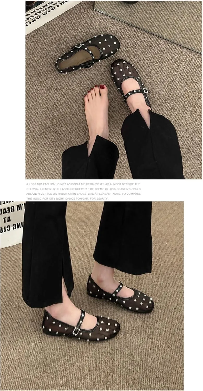 Mesh Mary Jane Flats for Women Rhinestone Mesh Ballet Flats Slip on Ballerina Shoes Clear Hollow Sandals No Slip Low Heel Breathable Fabric Lightweight Buckled Straps Comfort Wear Pumps Party Vacation