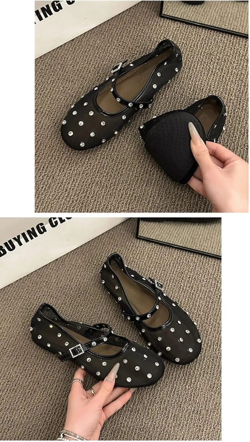 Mesh Mary Jane Flats for Women Rhinestone Mesh Ballet Flats Slip on Ballerina Shoes Clear Hollow Sandals No Slip Low Heel Breathable Fabric Lightweight Buckled Straps Comfort Wear Pumps Party Vacation