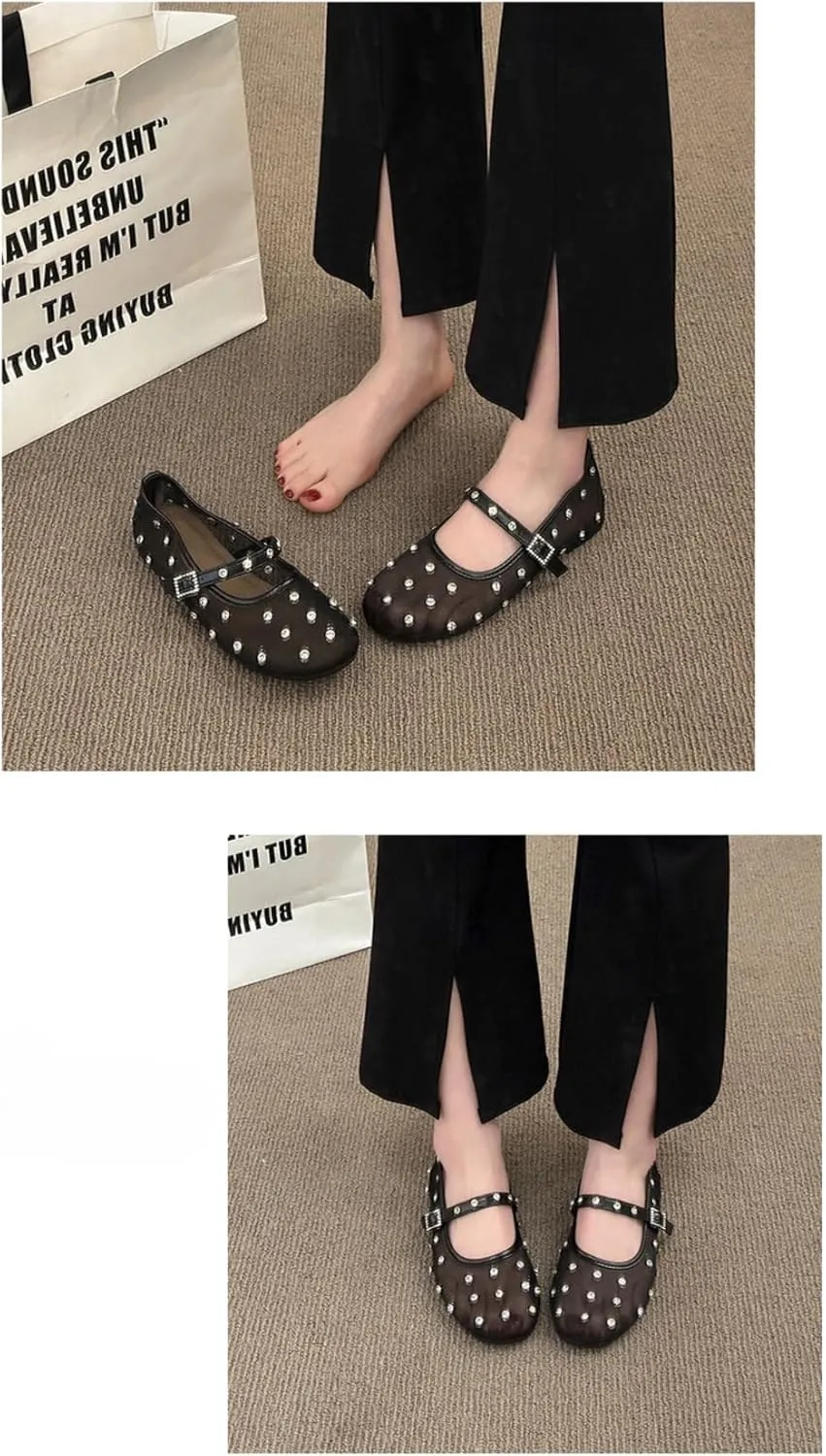 Mesh Mary Jane Flats for Women Rhinestone Mesh Ballet Flats Slip on Ballerina Shoes Clear Hollow Sandals No Slip Low Heel Breathable Fabric Lightweight Buckled Straps Comfort Wear Pumps Party Vacation