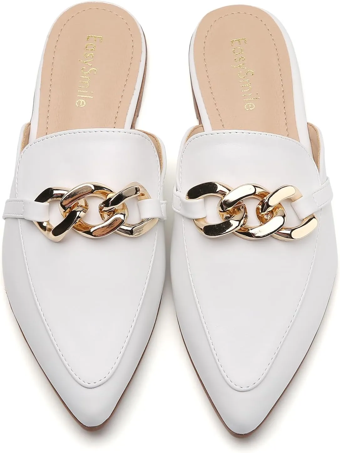 Metal Chain Decor Flat Mules for Women Closed Pointed Toe Slip on Loafers Slides Backless Mules Shoes