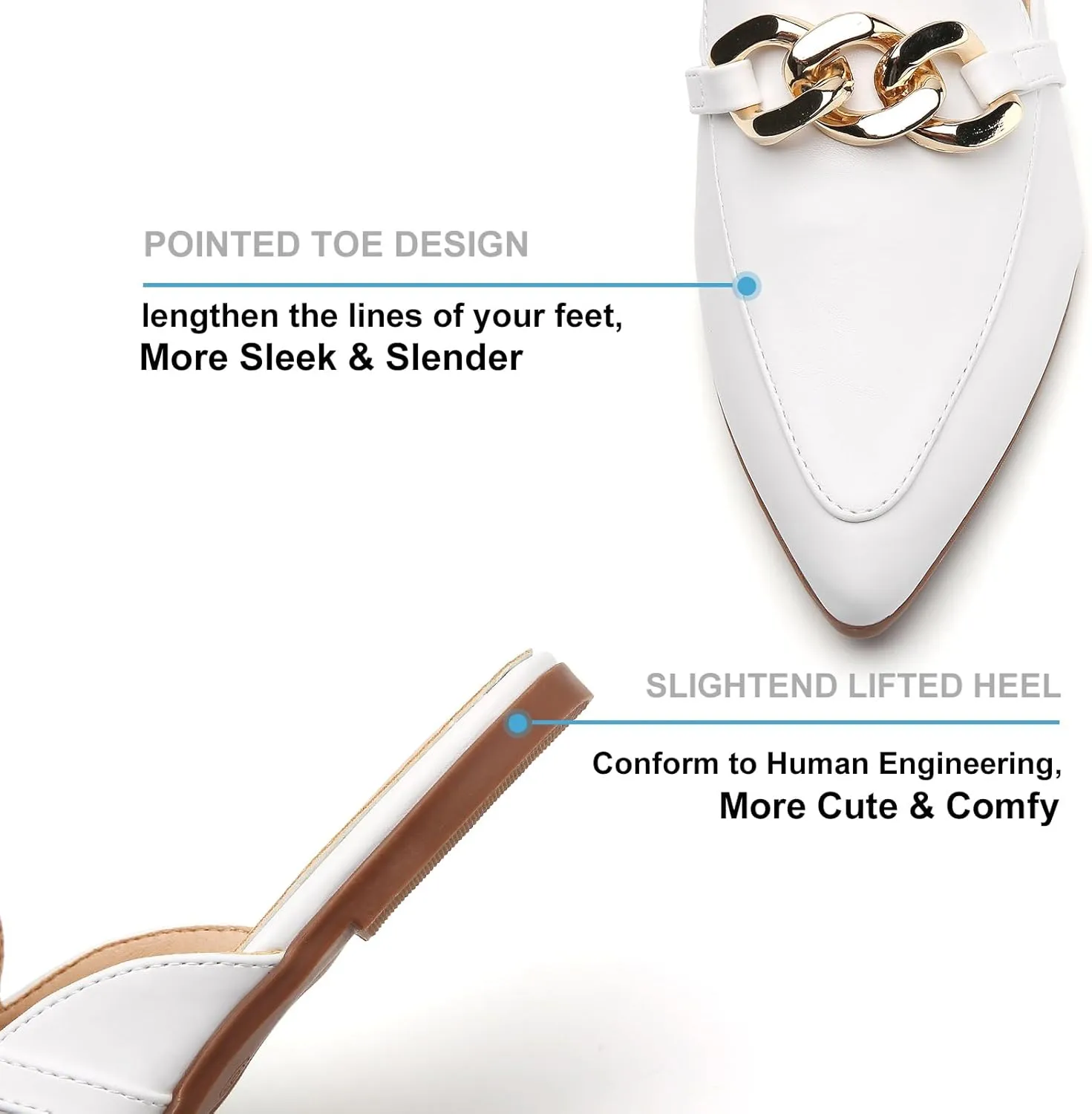 Metal Chain Decor Flat Mules for Women Closed Pointed Toe Slip on Loafers Slides Backless Mules Shoes