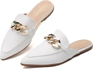 Metal Chain Decor Flat Mules for Women Closed Pointed Toe Slip on Loafers Slides Backless Mules Shoes