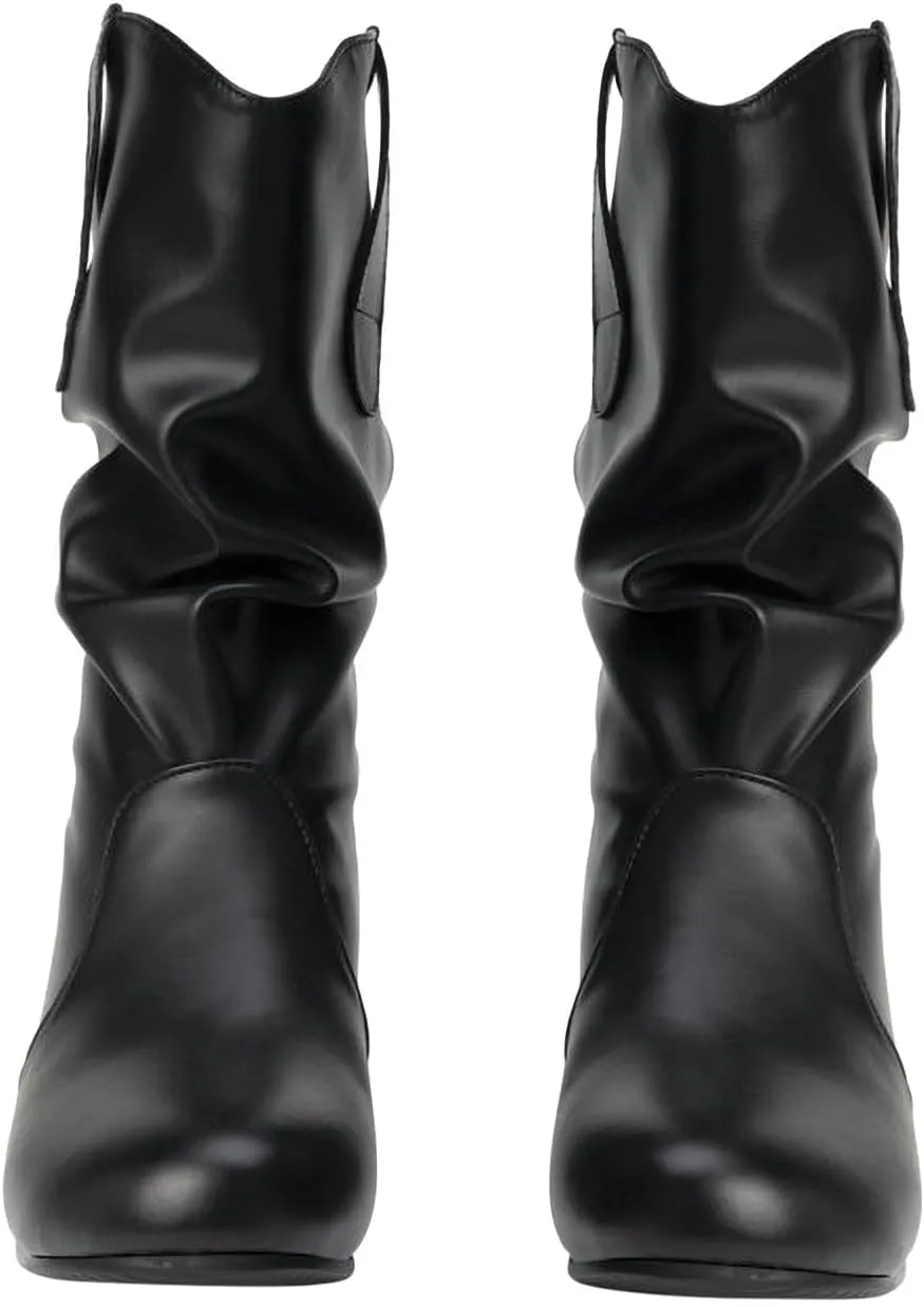 Mid Calf Booties for Women Fashion Office Leather Boots Almond Toe Western Cowgirl Cowboy Bootie Solid Casual Fall Short Boots