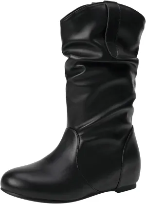 Mid Calf Booties for Women Fashion Office Leather Boots Almond Toe Western Cowgirl Cowboy Bootie Solid Casual Fall Short Boots