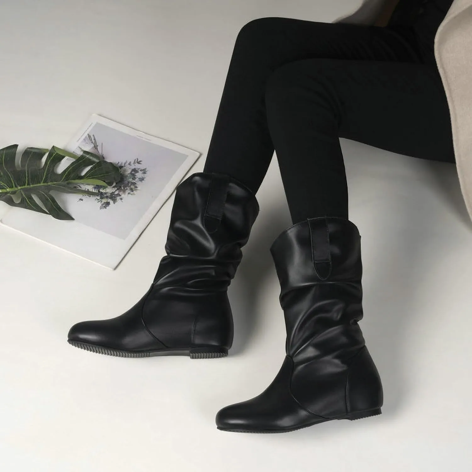 Mid Calf Booties for Women Fashion Office Leather Boots Almond Toe Western Cowgirl Cowboy Bootie Solid Casual Fall Short Boots