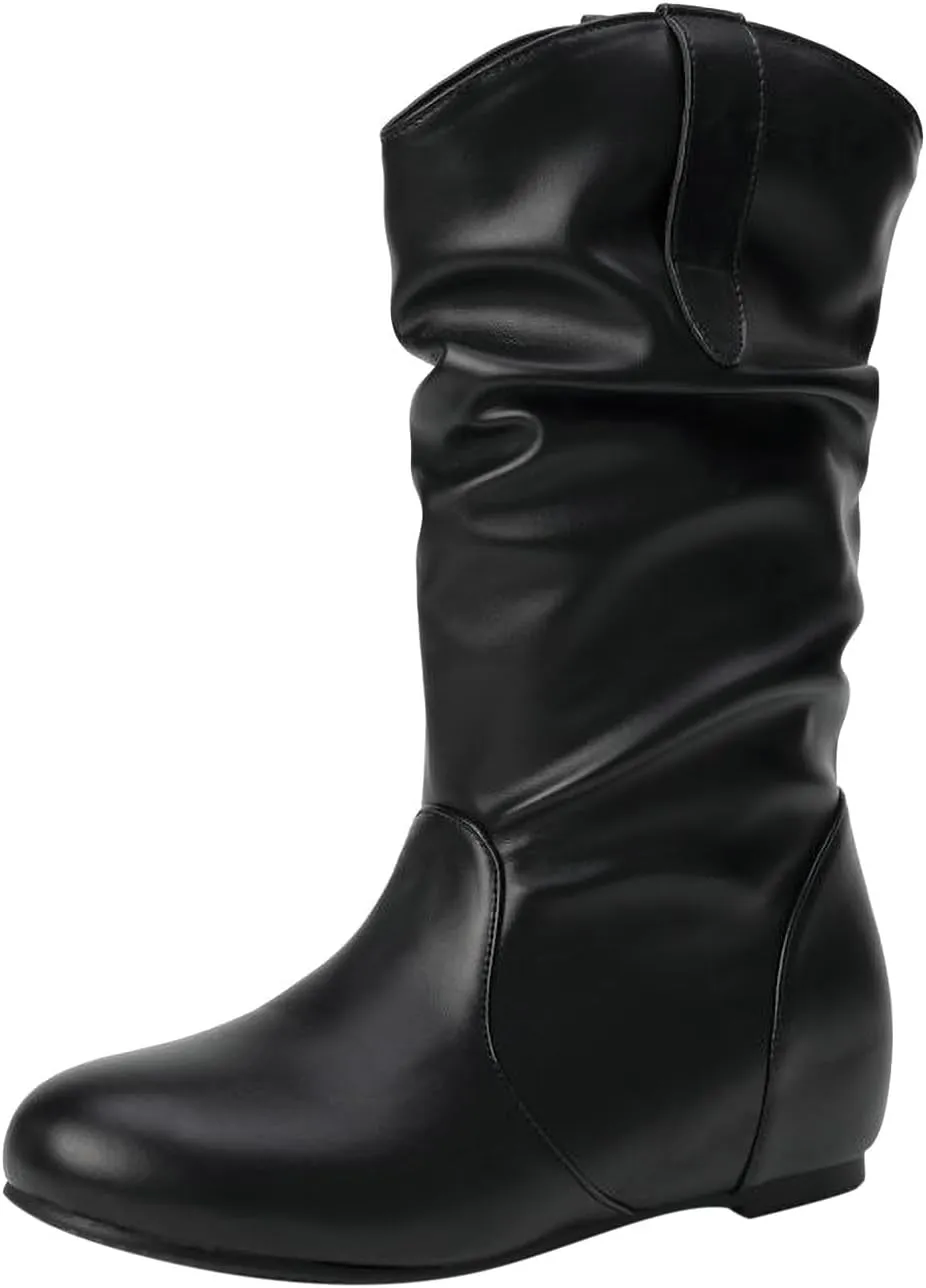 Mid Calf Booties for Women Fashion Office Leather Boots Almond Toe Western Cowgirl Cowboy Bootie Solid Casual Fall Short Boots