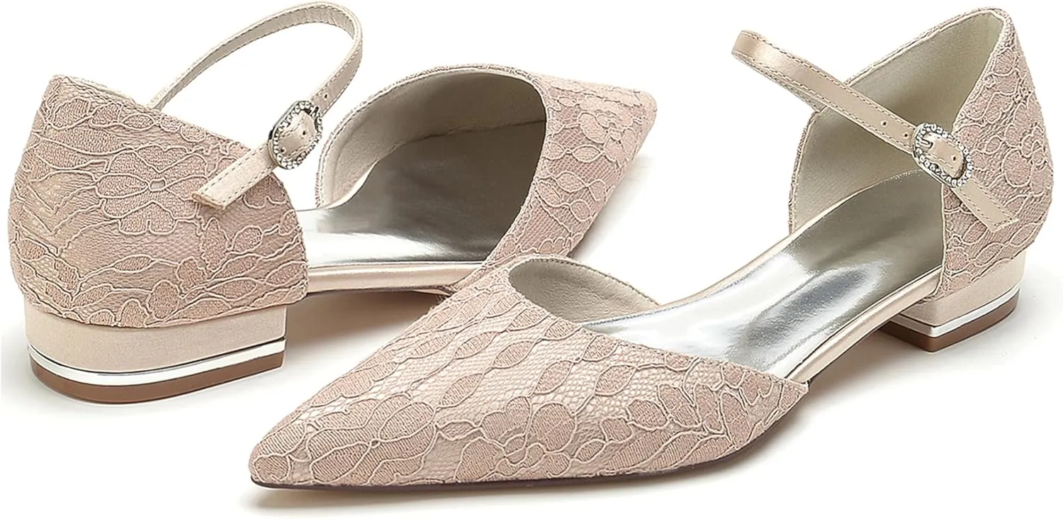 Minishion Dressy Flats for Women for Wedding Lace Pointed Toe Evening Formal Party Pumps Shoes BR274