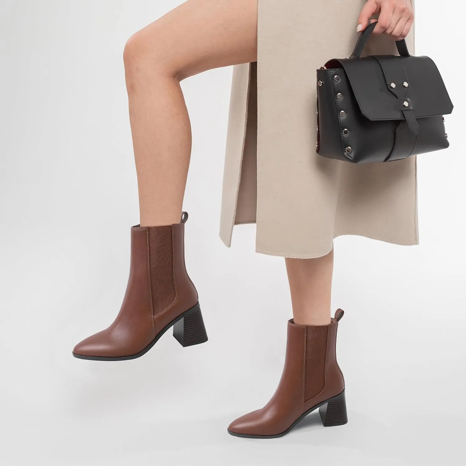 MIXIN Womens Chelsea Ankle Boots Fashion Tall Shaft Low Chunky Block Heel Pointed Toe Fall Winter Heeled Booties Shoes