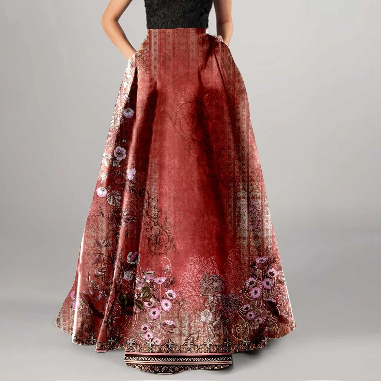 Miyaomn Women's Boho Floral Printed Maxi Skirt Summer Beach High Waisted Mopping Floor Length A Line Long Skirts with Pockets