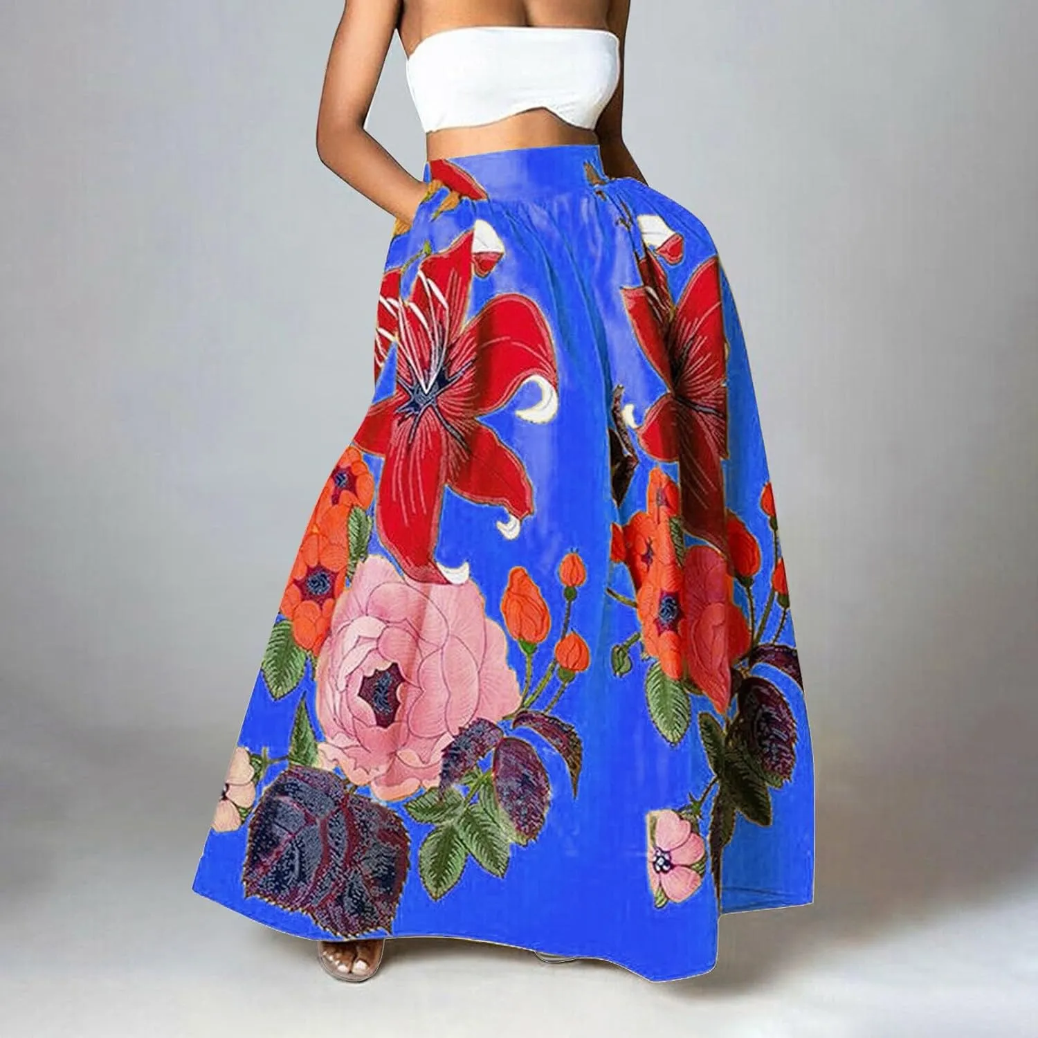 Miyaomn Women's Boho Floral Printed Maxi Skirt Summer Beach High Waisted Mopping Floor Length A Line Long Skirts with Pockets