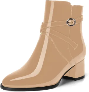 MOVINSTEPS Womens Dating Patent Cold Weather Buckle Adjustable Ankle Strap Round Toe Chunky Low Heel Ankle High Boots 2 Inch