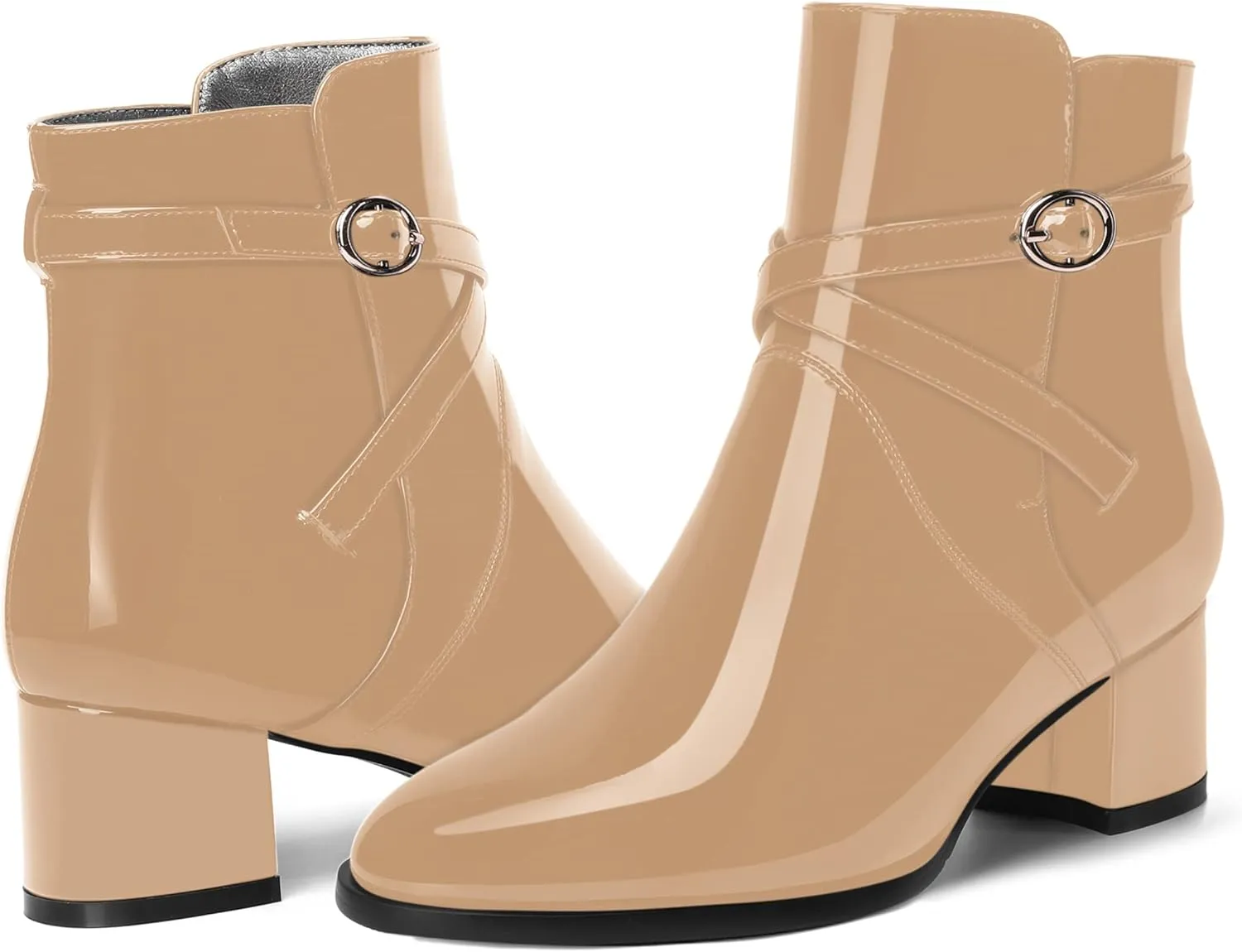 MOVINSTEPS Womens Dating Patent Cold Weather Buckle Adjustable Ankle Strap Round Toe Chunky Low Heel Ankle High Boots 2 Inch