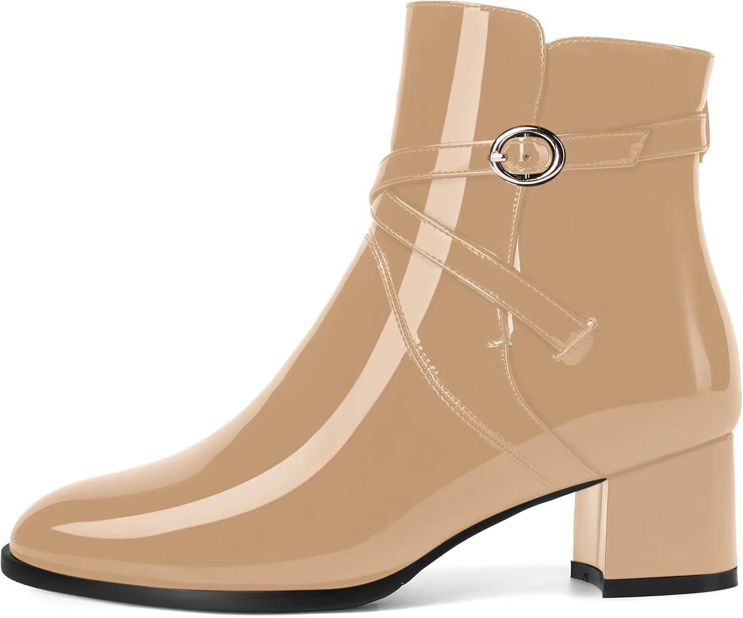 MOVINSTEPS Womens Dating Patent Cold Weather Buckle Adjustable Ankle Strap Round Toe Chunky Low Heel Ankle High Boots 2 Inch