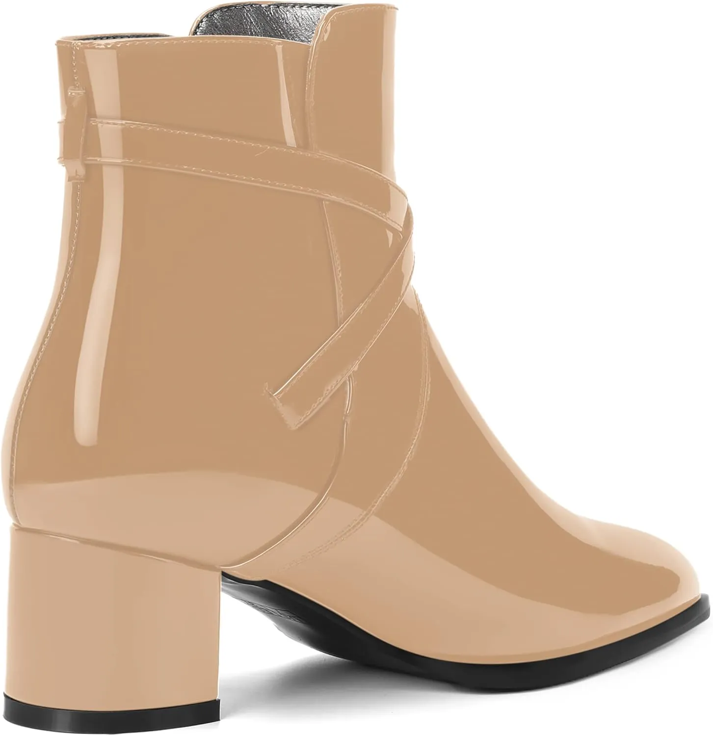 MOVINSTEPS Womens Dating Patent Cold Weather Buckle Adjustable Ankle Strap Round Toe Chunky Low Heel Ankle High Boots 2 Inch