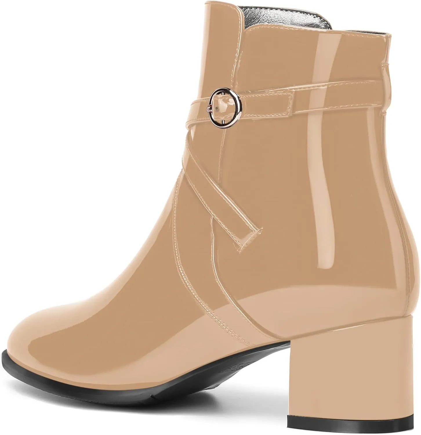 MOVINSTEPS Womens Dating Patent Cold Weather Buckle Adjustable Ankle Strap Round Toe Chunky Low Heel Ankle High Boots 2 Inch