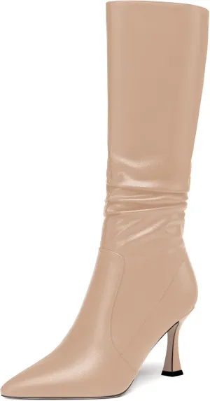 MOVINSTEPS Womens Solid Pointed Toe Matte Dress Zip Stiletto High Heel Boots Mid-Calf 3.3 Inch