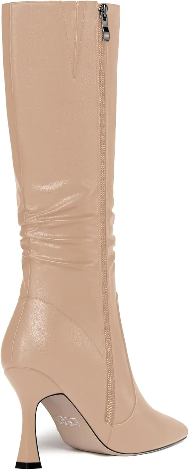 MOVINSTEPS Womens Solid Pointed Toe Matte Dress Zip Stiletto High Heel Boots Mid-Calf 3.3 Inch