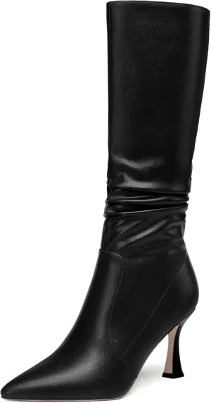 MOVINSTEPS Womens Solid Pointed Toe Matte Dress Zip Stiletto High Heel Boots Mid-Calf 3.3 Inch