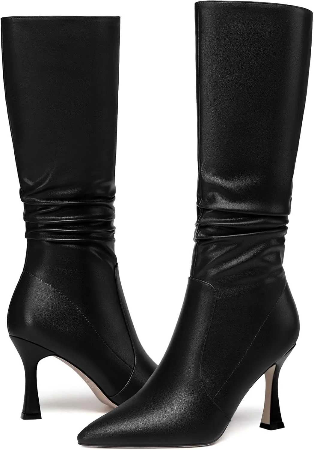 MOVINSTEPS Womens Solid Pointed Toe Matte Dress Zip Stiletto High Heel Boots Mid-Calf 3.3 Inch