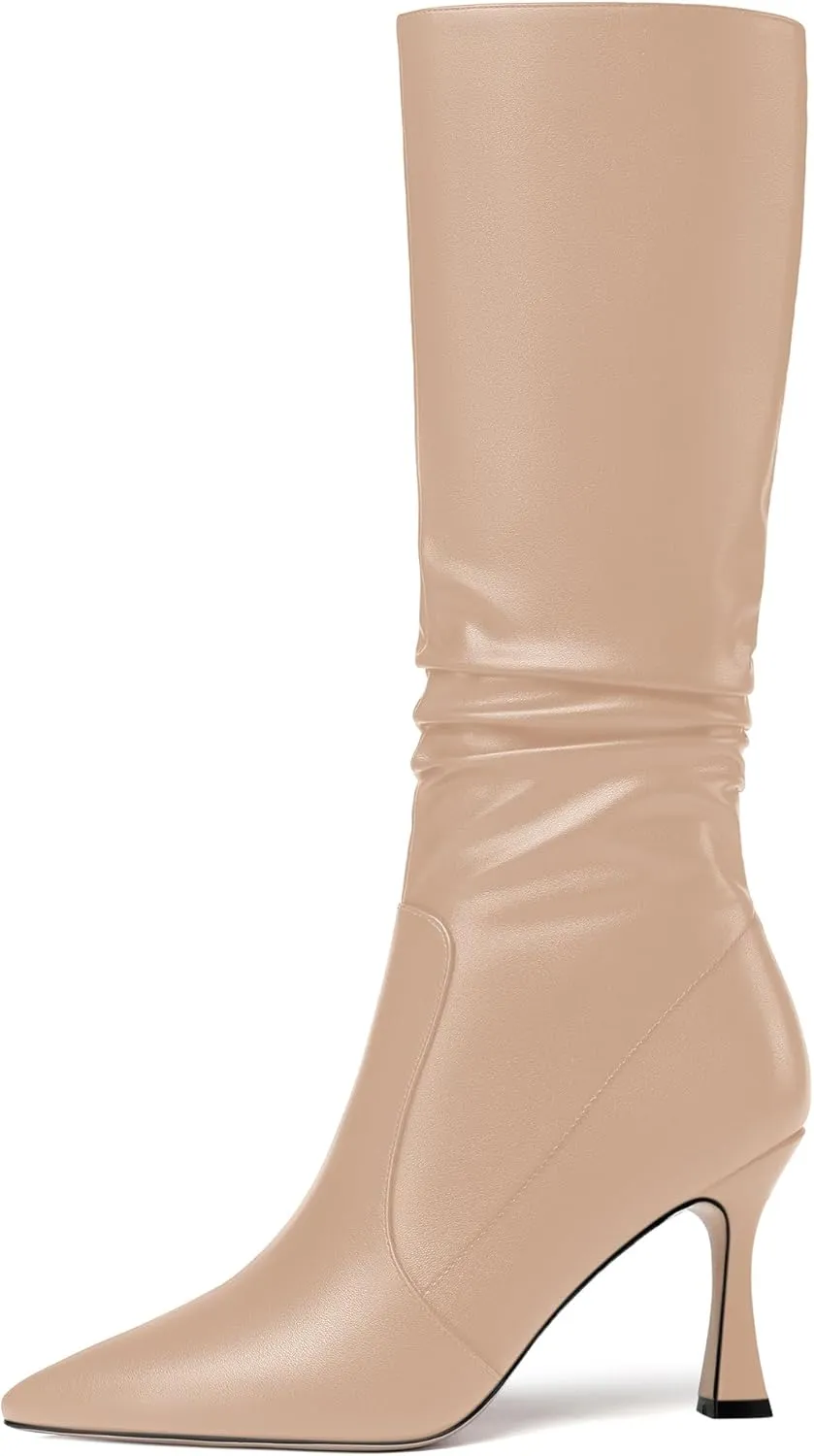 MOVINSTEPS Womens Solid Pointed Toe Matte Dress Zip Stiletto High Heel Boots Mid-Calf 3.3 Inch