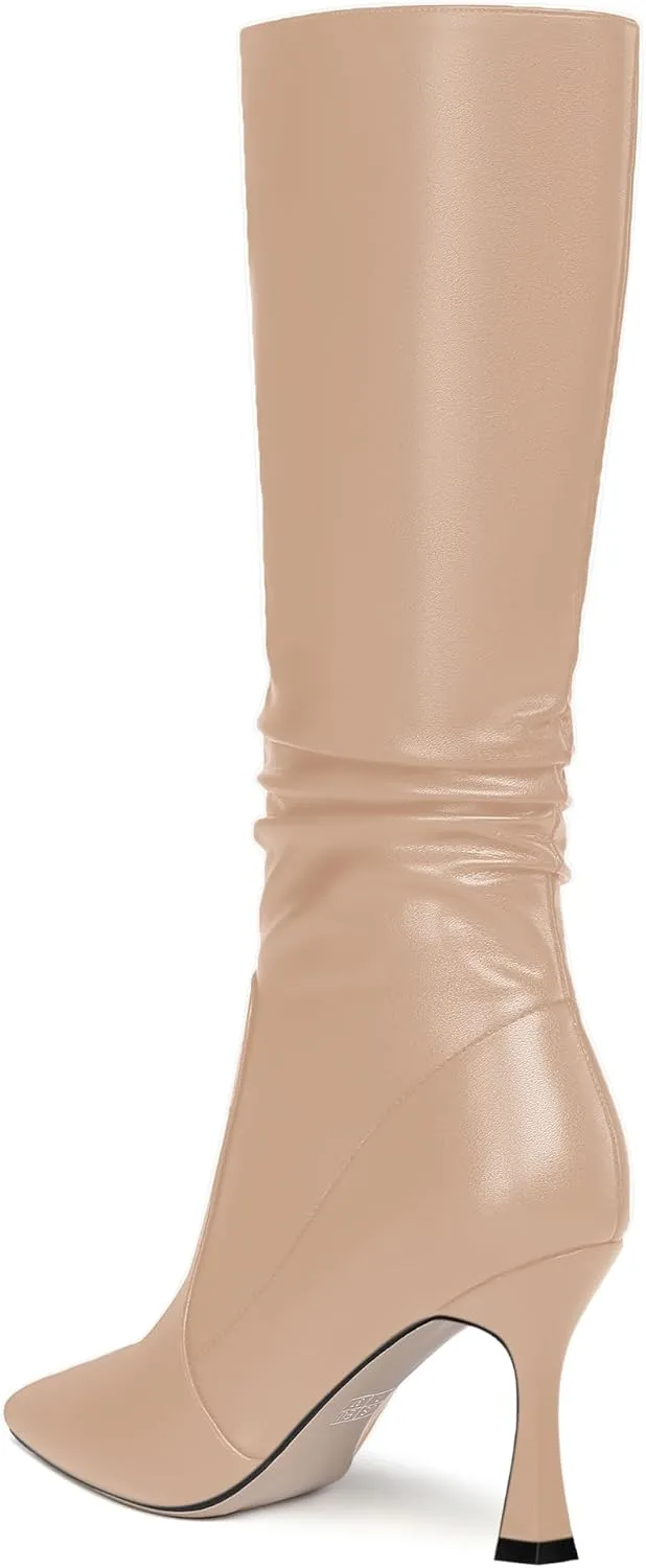 MOVINSTEPS Womens Solid Pointed Toe Matte Dress Zip Stiletto High Heel Boots Mid-Calf 3.3 Inch